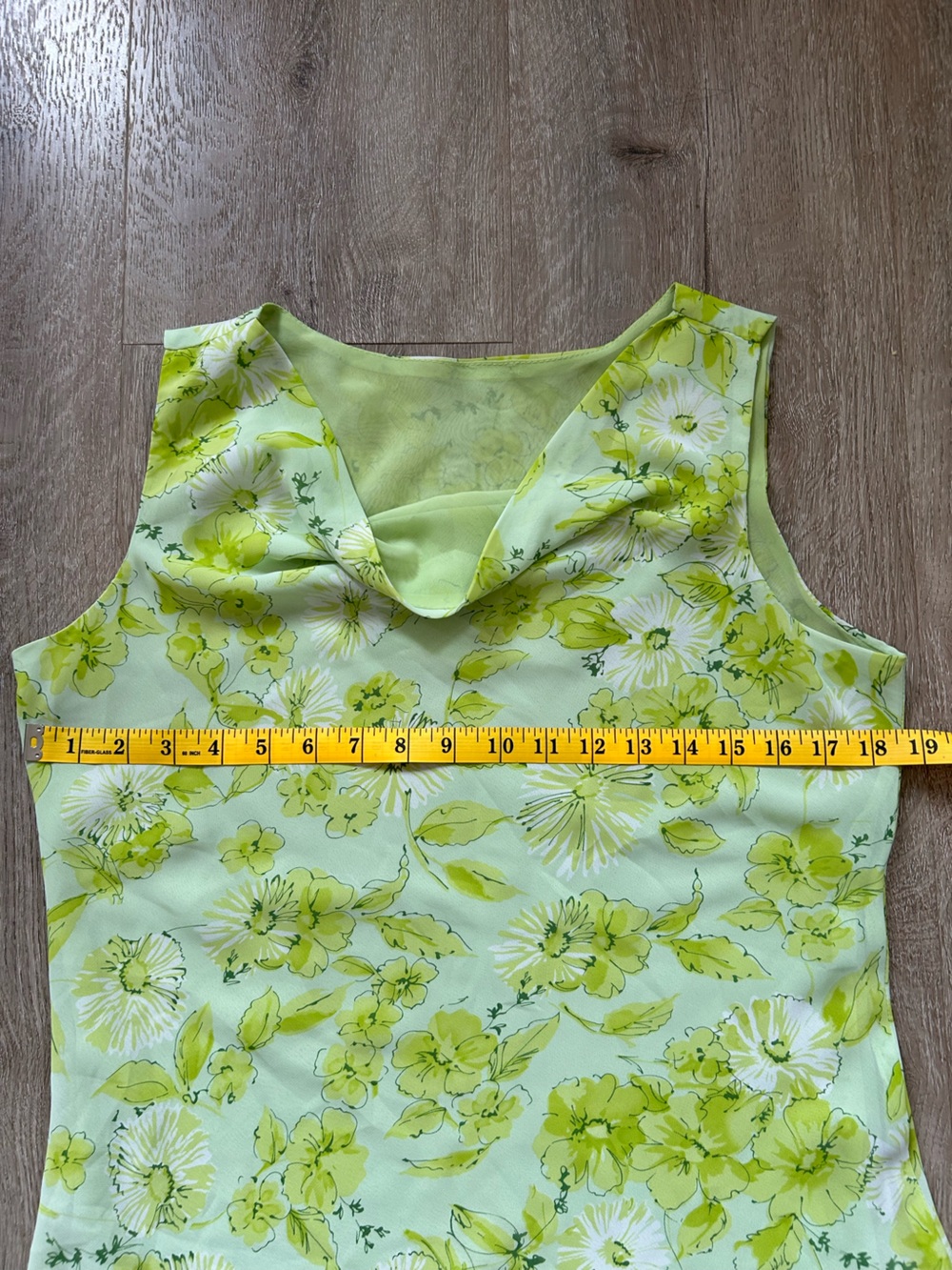 Y2K Lime Floral Asymmetric Cowl Neck Sleeveless Top - Picture 3 of 4